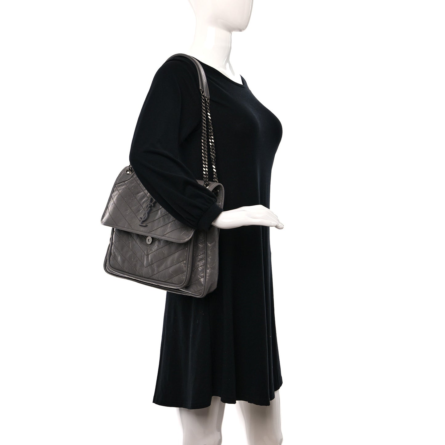 Crinkled Calfskin Matelasse Monogram Large Niki Chain Satchel Storm