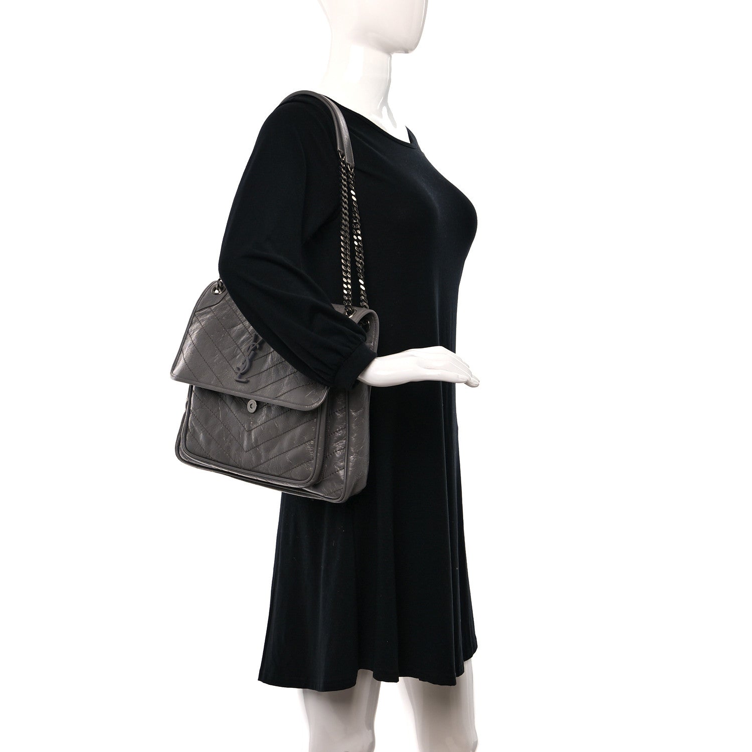 Saint Laurent Crinkled Calfskin Matelasse Monogram Large Niki Chain Satchel Storm 2 of 11