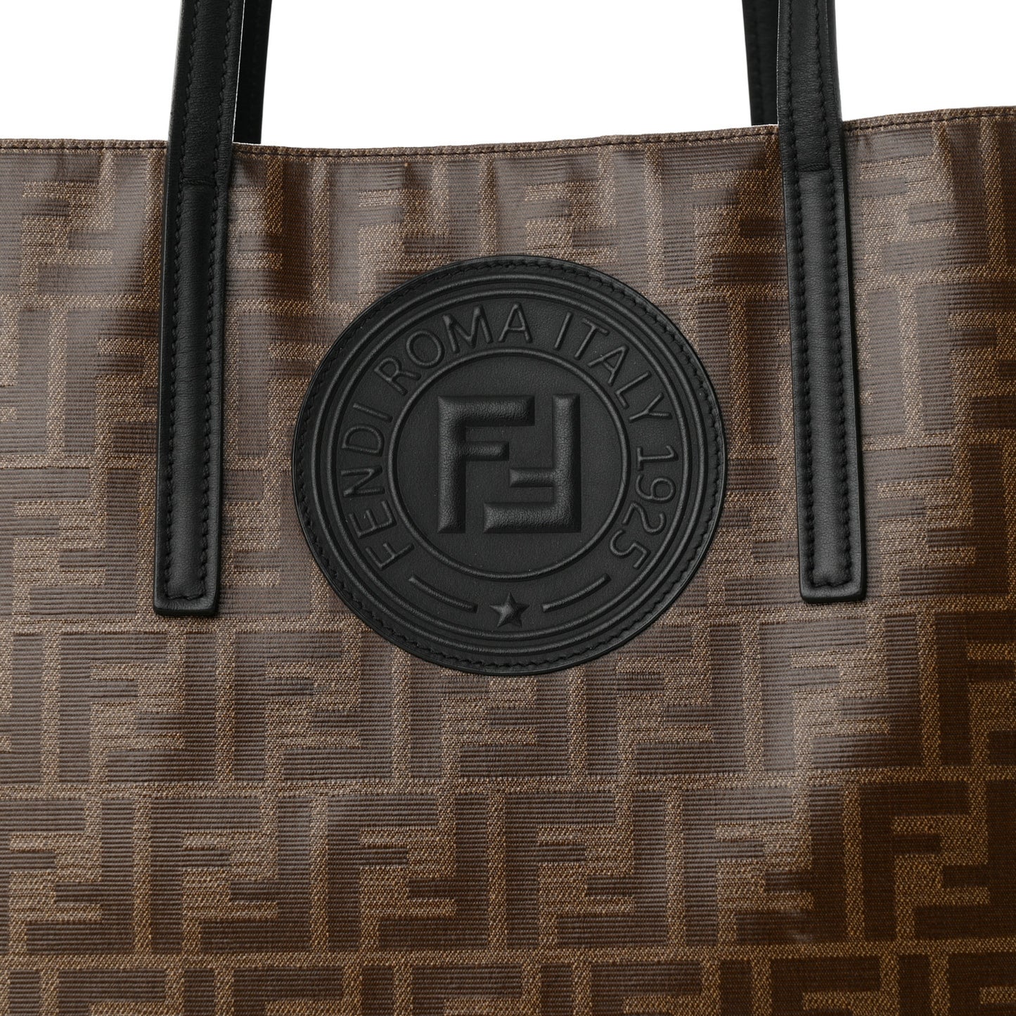 Glazed Fabric Vitello Century FF 1974 Stamp Patch Shopping Tote Mogano Panna Black