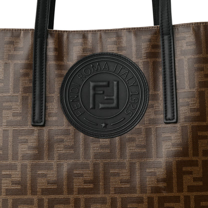 Fendi Glazed Fabric Vitello Century FF 1974 Stamp Patch Shopping Tote Mogano Panna Black 8 of 14