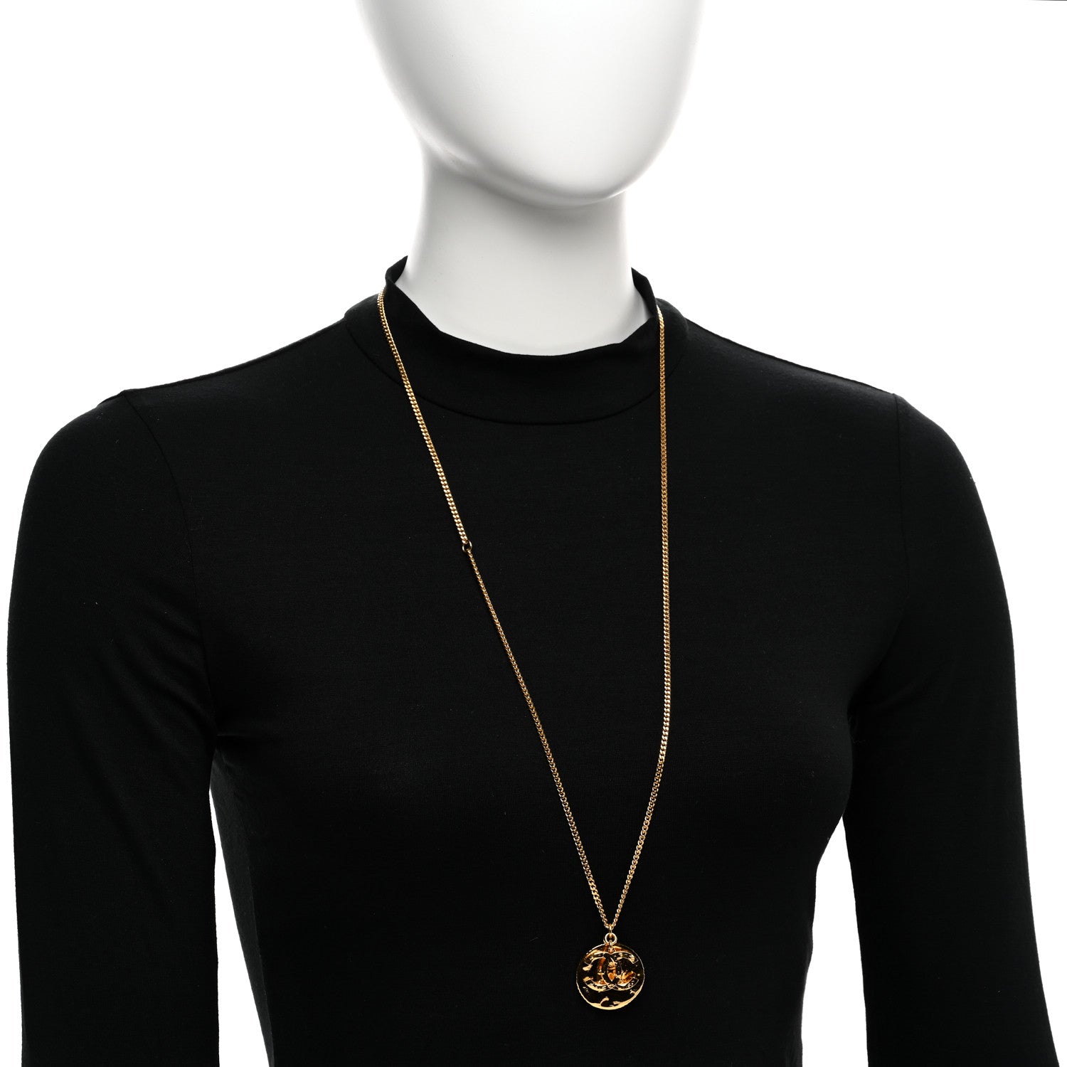 Chanel Metal Resin CC Round Pendant Necklace Gold Black 2 of 6