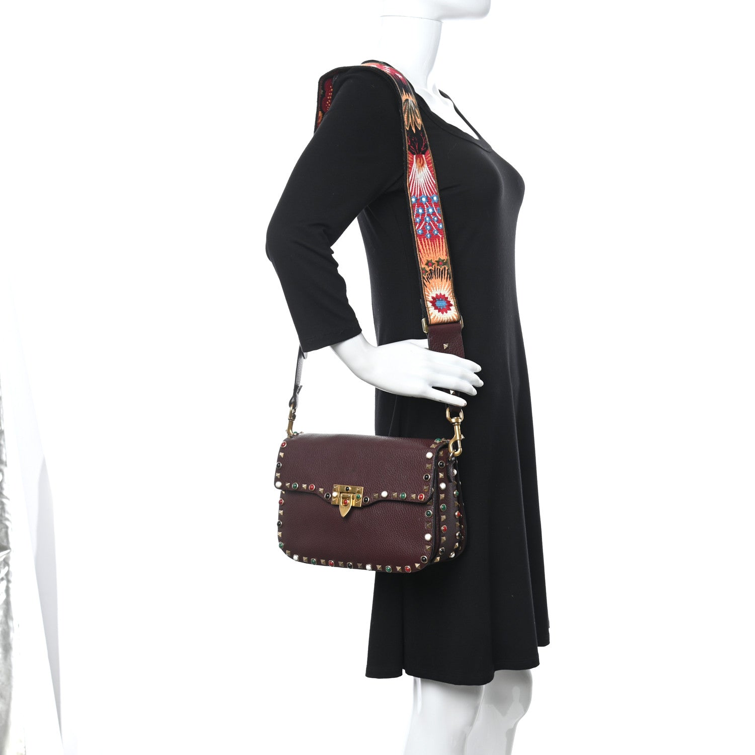 Valentino Garavani Calfskin Enchanted Wonderland Medium Guitar Strap Rockstud Rolling Flap Saddle Bag Rubin 2 of 15