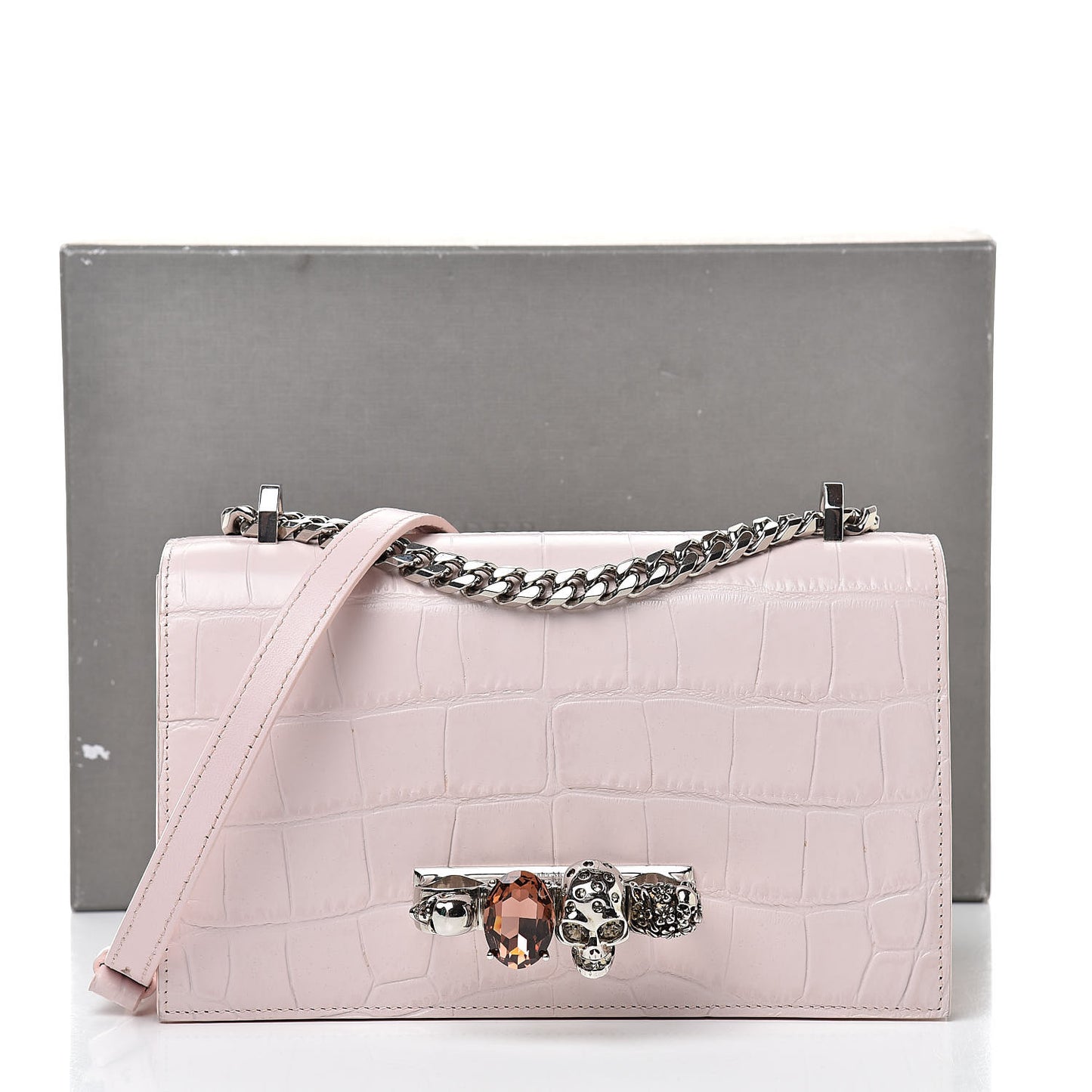 Calfskin Crocodile Embossed Knuckle Shoulder Bag Light Pink