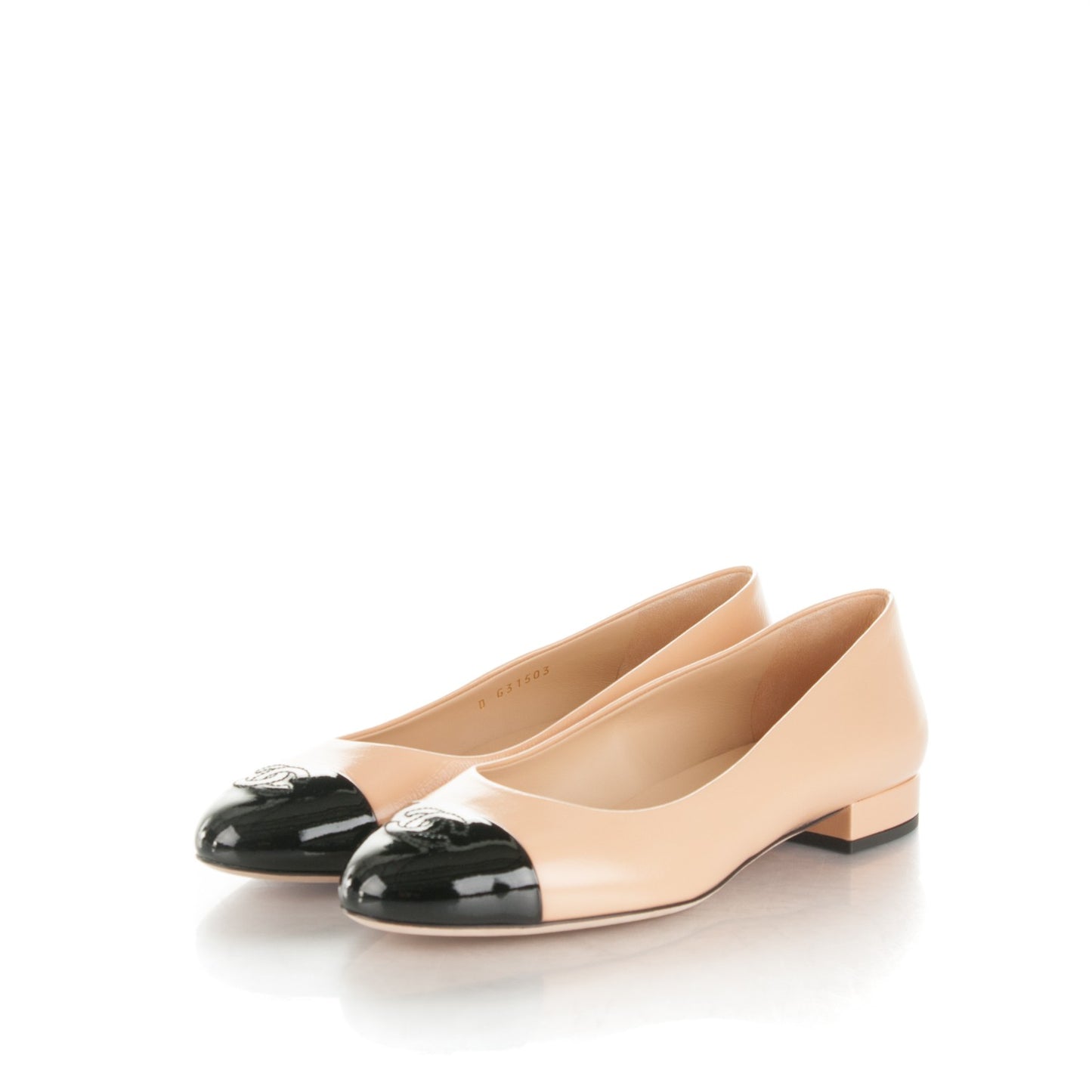Crumpled Calfskin Patent Cap Toe Ballerina Flats 38.5 Beige Black