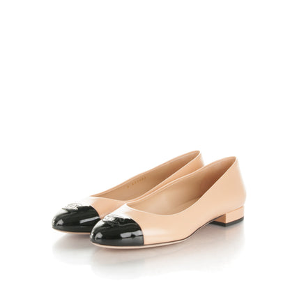 Chanel Crumpled Calfskin Patent Cap Toe Ballerina Flats 38.5 Beige Black 3 of 6