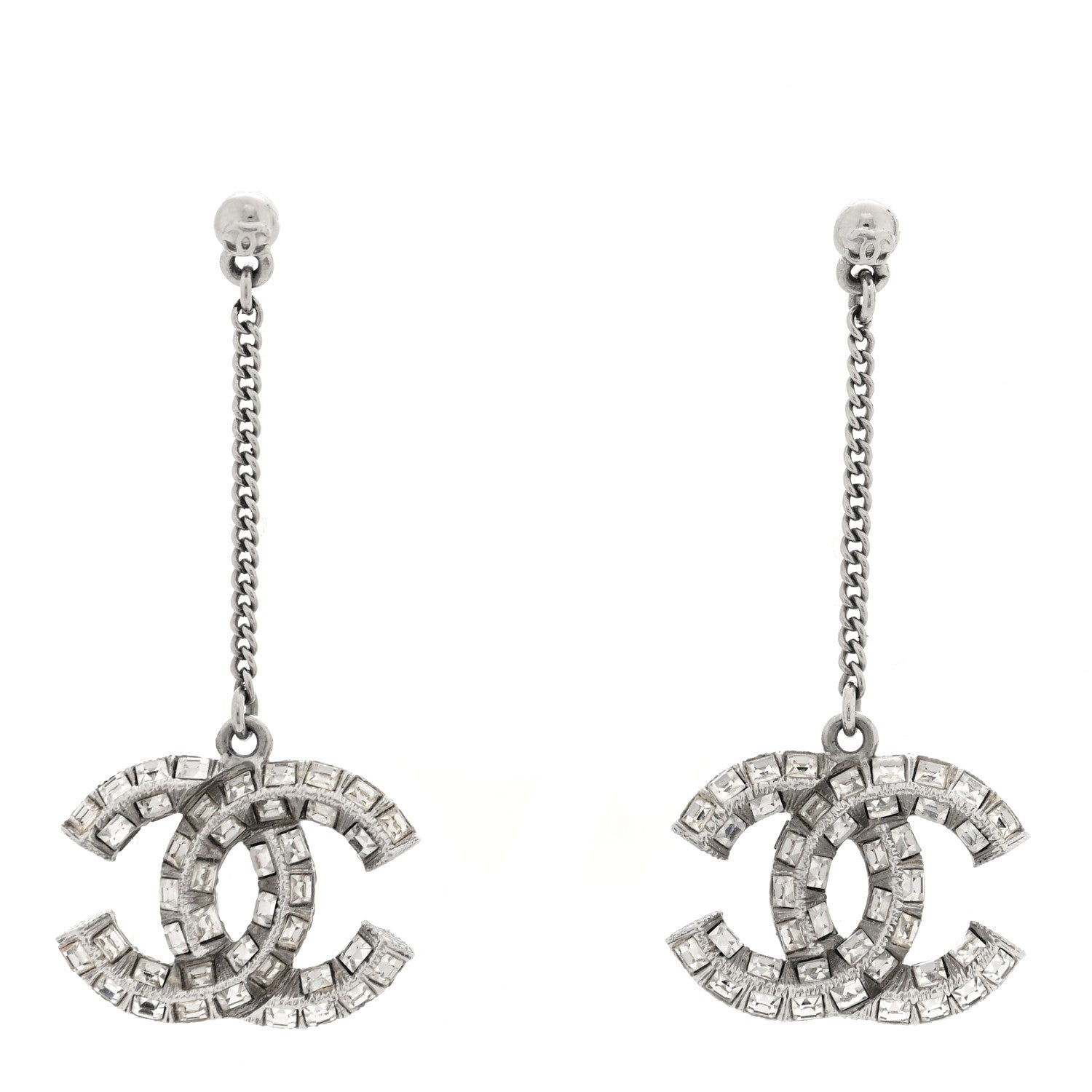 Chanel Baguette Crystal CC Drop Earrings Silver 1 of 4