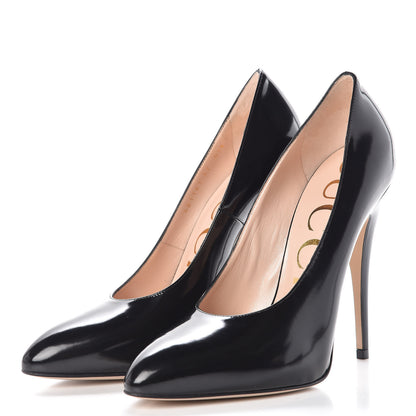 Gucci Polished Calfskin Removable Bee Elaisa Platform High Heel Pumps 37 Black 6 of 12