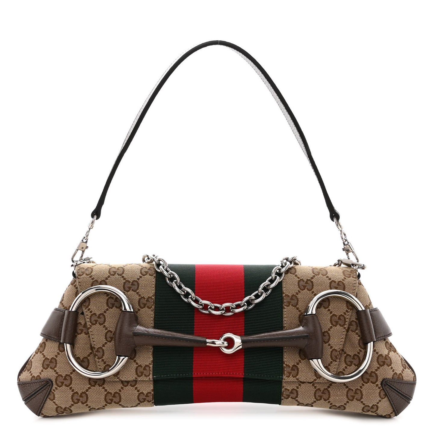 Monogram Textured Dollar Calfskin Heavy Grosgrain Web Medium Maxi Horsebit Chain Shoulder Bag Beige Ebony New Acero