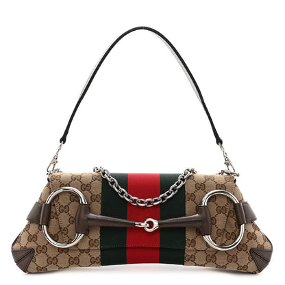 Gucci Monogram Textured Dollar Calfskin Heavy Grosgrain Web Medium Maxi Horsebit Chain Shoulder Bag Beige Ebony New Acero 1 of 9