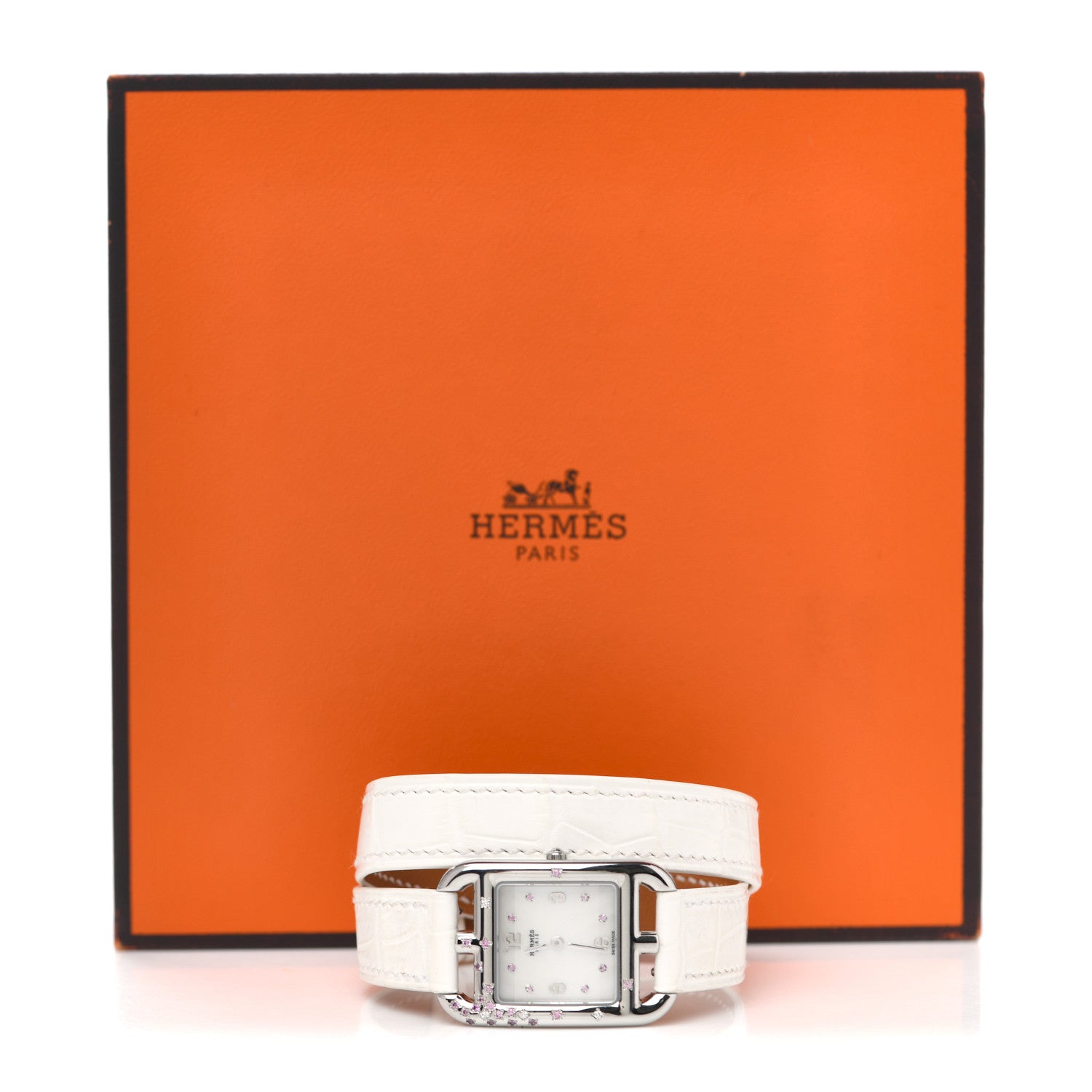 Hermes Stainless Steel Alligator Diamond Pink Sapphire 23mm Cape Cod Double Tour Quartz Watch Blanc 5 of 5