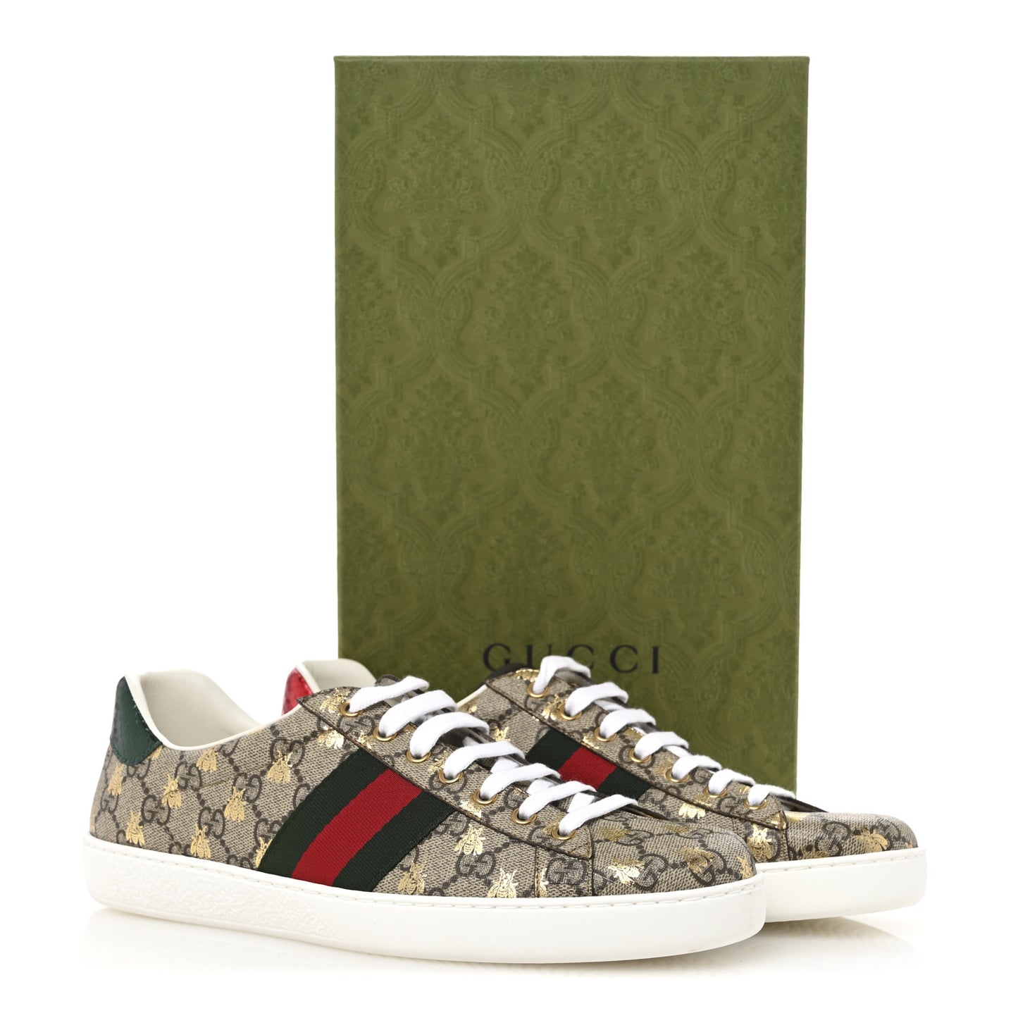 GG Supreme Monogram Bees Ayers Web Mens Ace Sneakers 10 Beige Oro Green Red