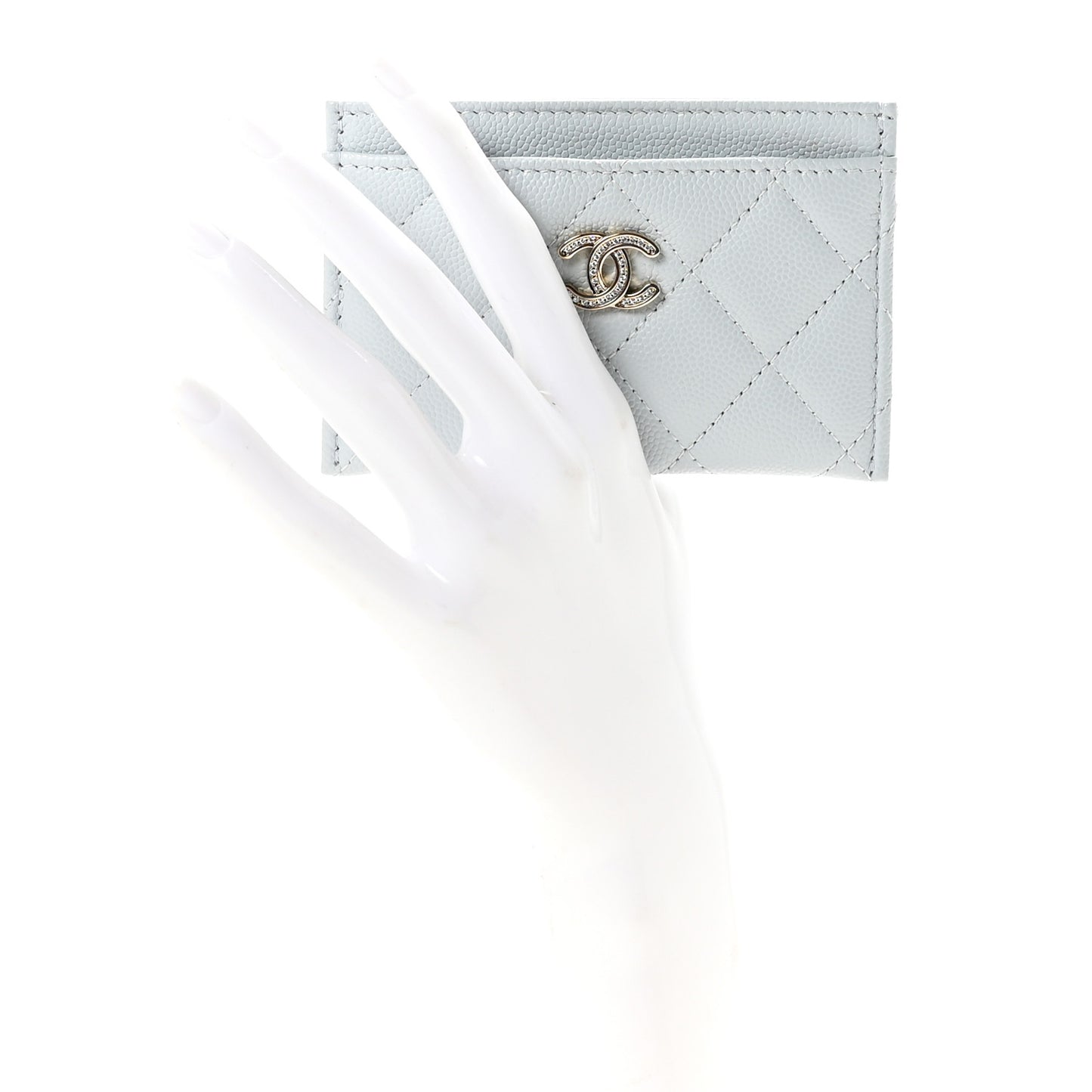 Caviar Quilted Crystal CC Logo Card Holder Light Blue