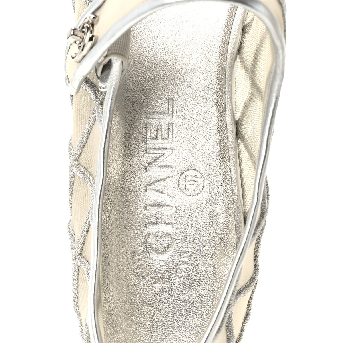 Chanel Laminated Lambskin Mesh Embroidered Quilted Mary Jane Cap Toe Flats  41 Silvered 7 of 9