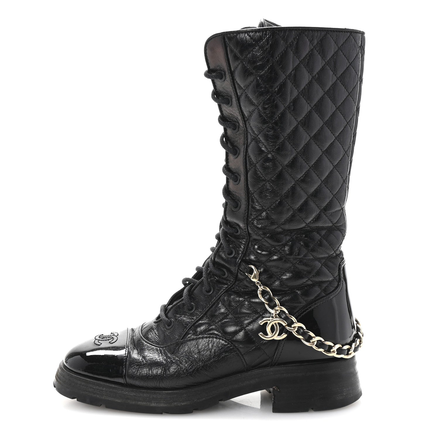 Chanel Shiny Calfskin Patent Quilted Chain Lace Up Combat Long Boots 38.5 Black 1 of 9