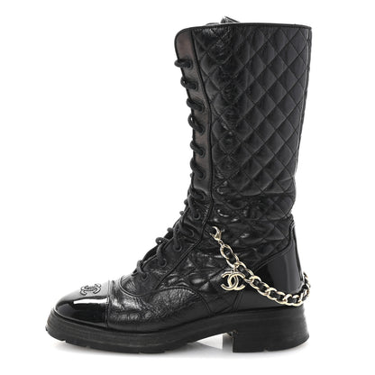 Chanel Shiny Calfskin Patent Quilted Chain Lace Up Combat Long Boots 38.5 Black 1 of 9
