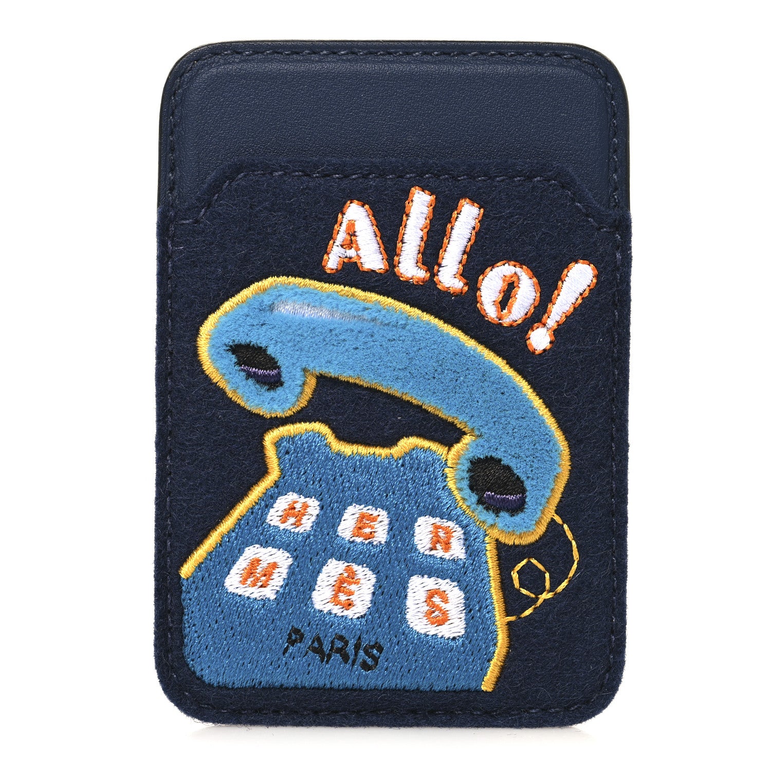 Hermes Feutre Swift Embroidered Allo! MagSafe Card Holder Bleu Navy Multicolore 1 of 6