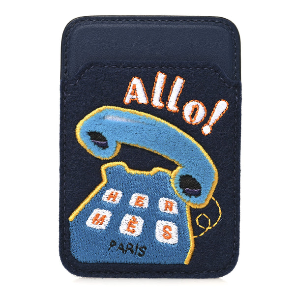 Hermes Feutre Swift Embroidered Allo! MagSafe Card Holder Bleu