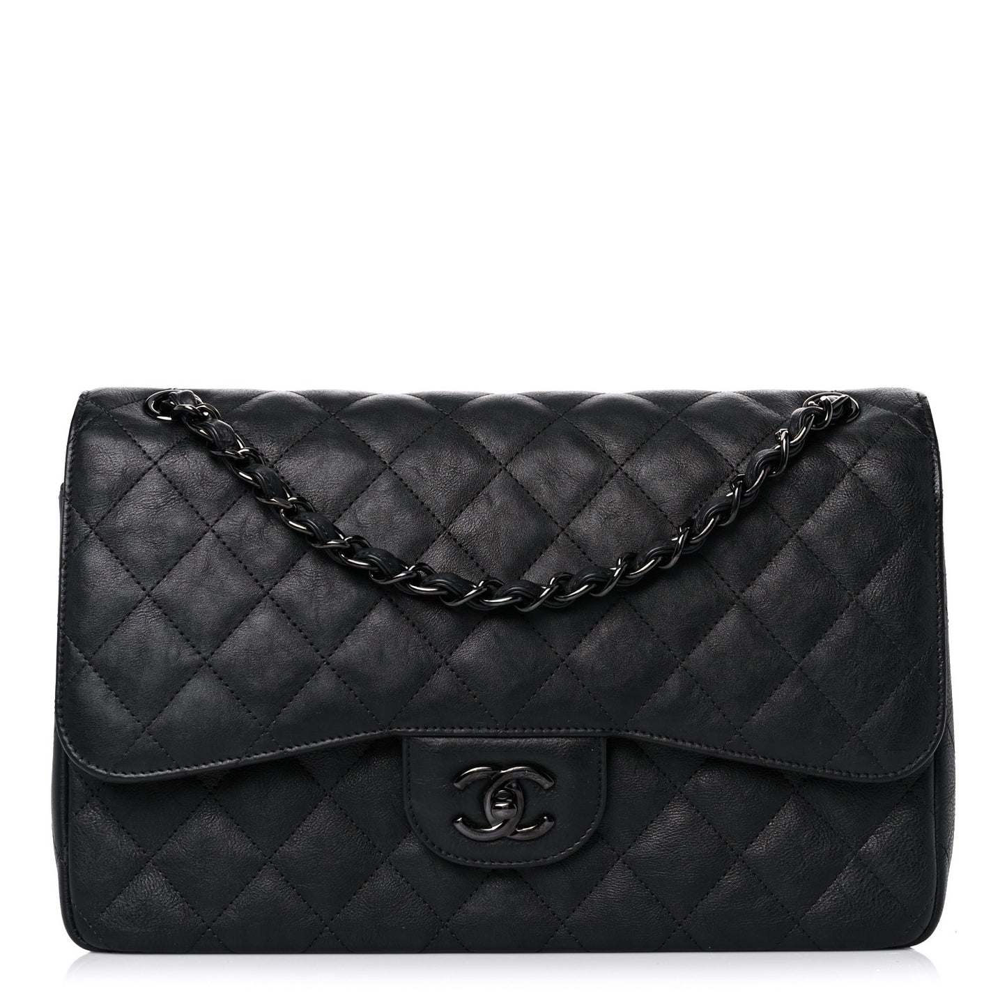 Crumpled Calfskin Quilted Jumbo Double Flap So Black