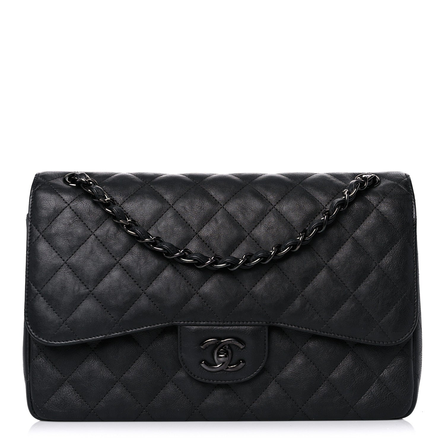 Chanel Crumpled Calfskin Quilted Jumbo Double Flap So Black 1 of 19