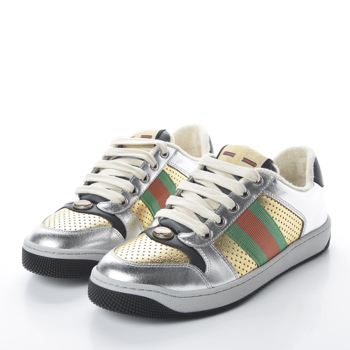 Metallic Calfskin Web Womens Screener Sneakers 36 Silver Gold Black