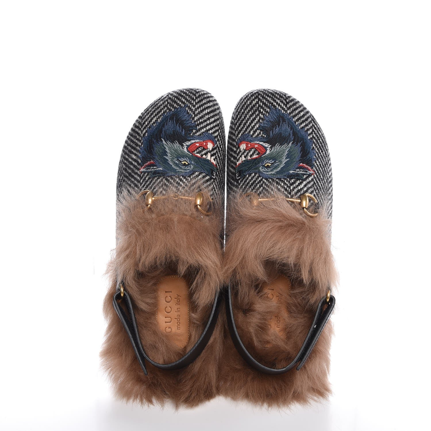 Gucci Herringbone Fur Wolf Mens Horsebit River Slingback Slippers 8 Black White 5 of 12