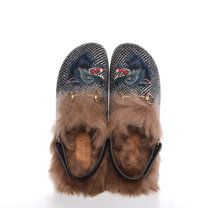 Gucci Herringbone Fur Wolf Mens Horsebit River Slingback Slippers 8 Black White 5 of 12