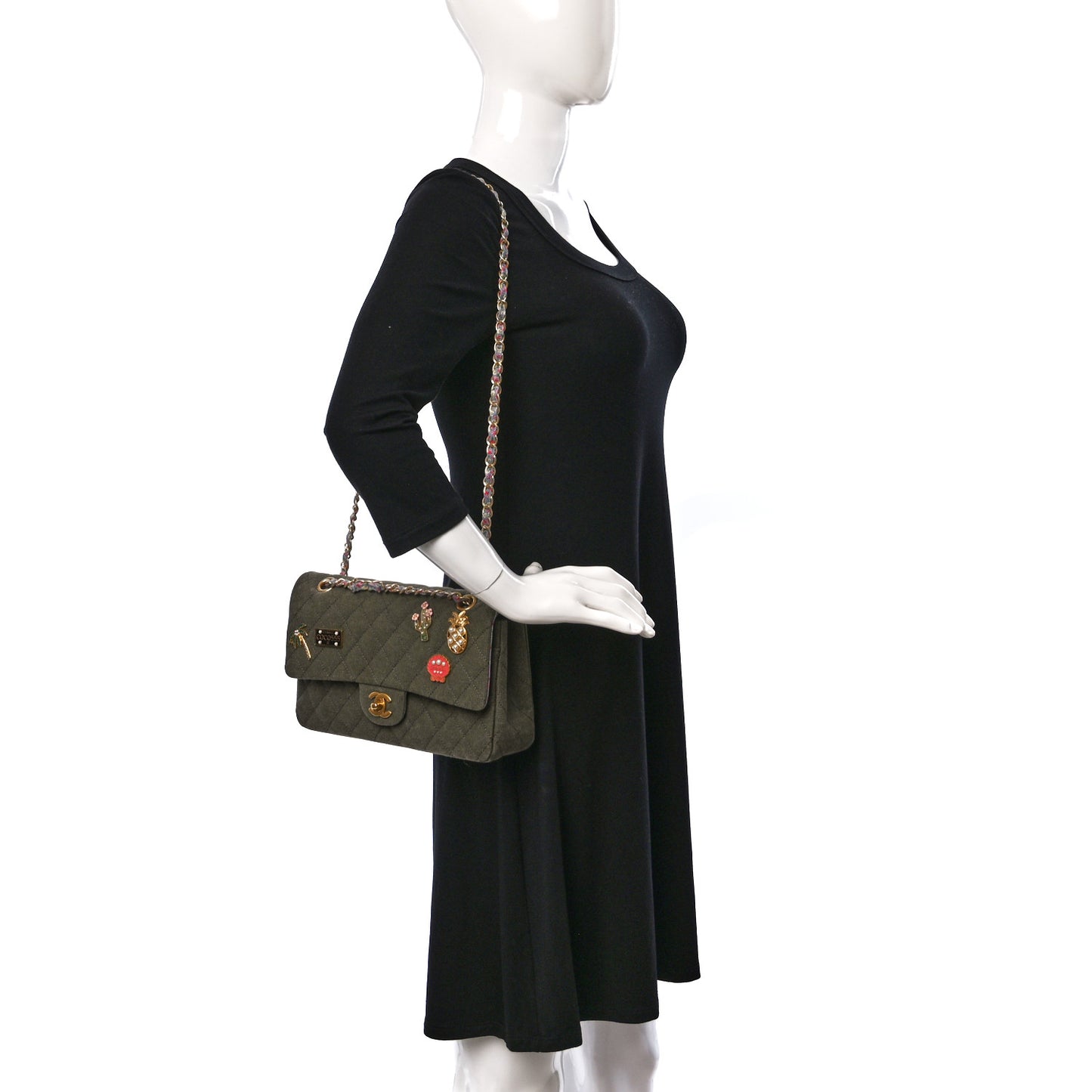 Canvas Quilted Coco Cuba Charms Medium Double Flap Khaki