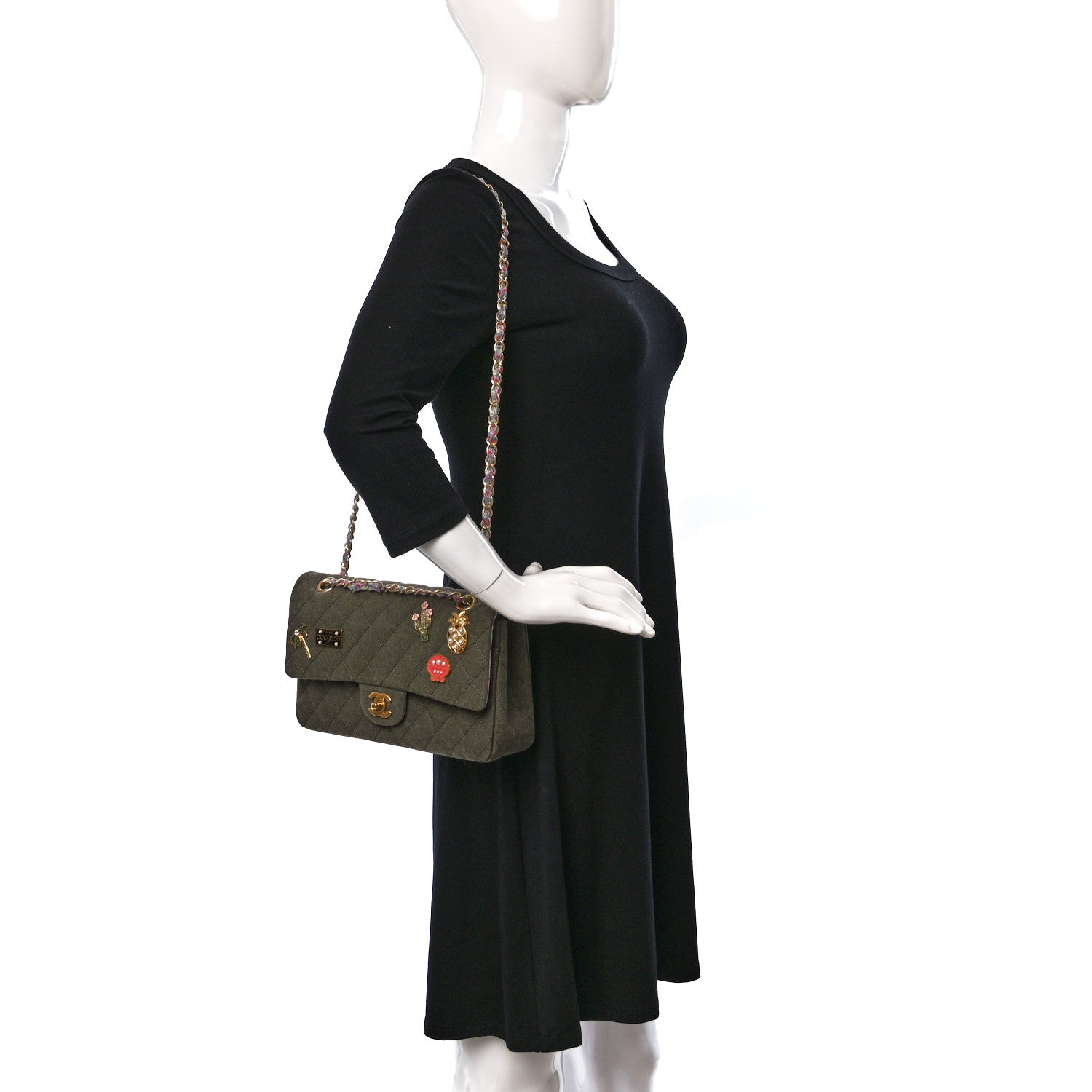 Chanel Canvas Quilted Coco Cuba Charms Medium Double Flap Khaki 2 of 9
