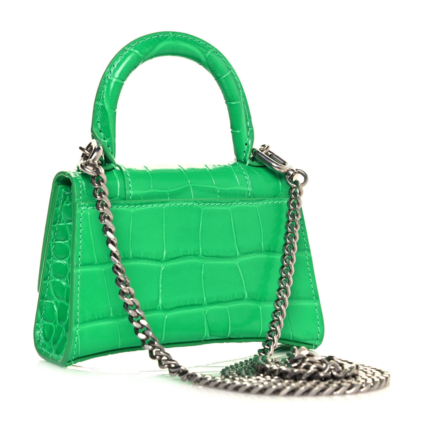 Shiny Calfskin Tonal B Crocodile Embossed Hourglass Top Handle Bag Mini with Chain Vivid Green