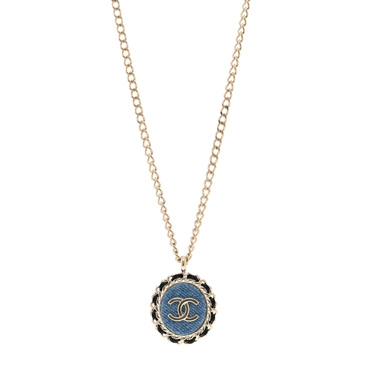 Denim CC Pendant Necklace Gold Blue Black