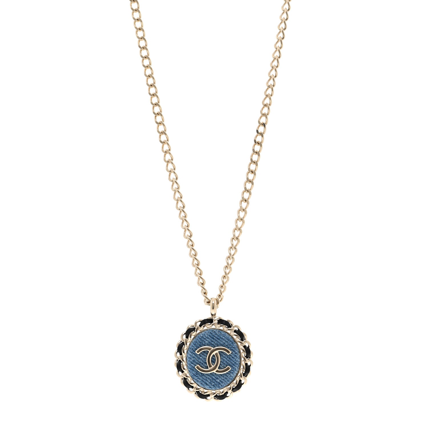 Chanel Denim CC Pendant Necklace Gold Blue Black 1 of 6