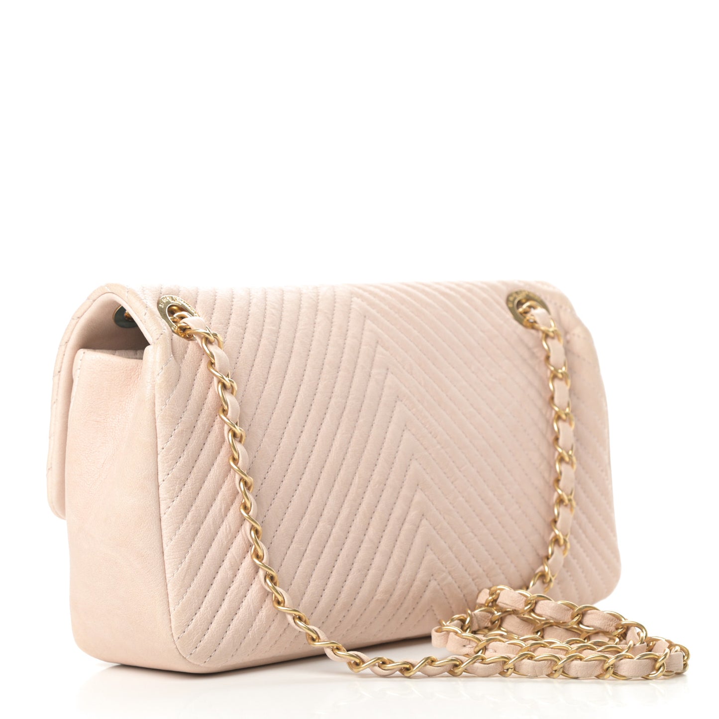 Wrinkled Lambskin Chevron Quilted Medium Flap Beige