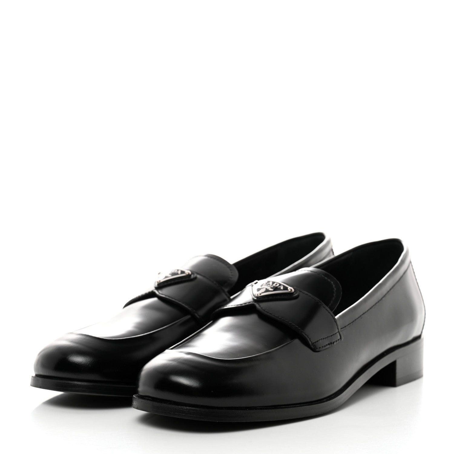 Prada Brushed Calfskin Metal Triangle Logo 20mm Loafers 40 Black 3 of 8
