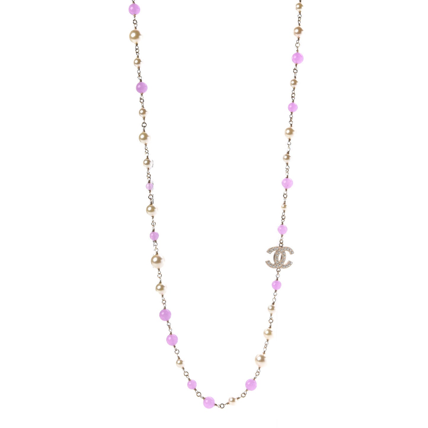 Pearl Beaded Enamel CC Long Necklace Gold Lilac