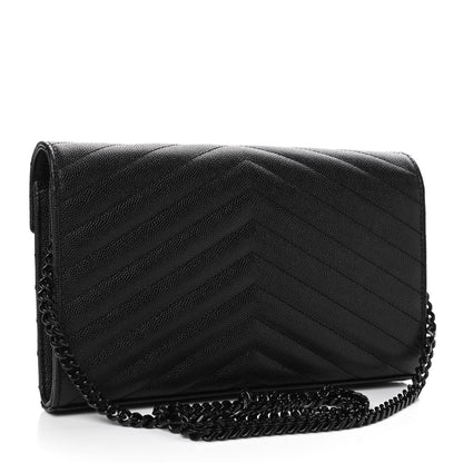 Saint Laurent Grain De Poudre Matelasse Chevron Monogram Chain Wallet Black 2 of 4