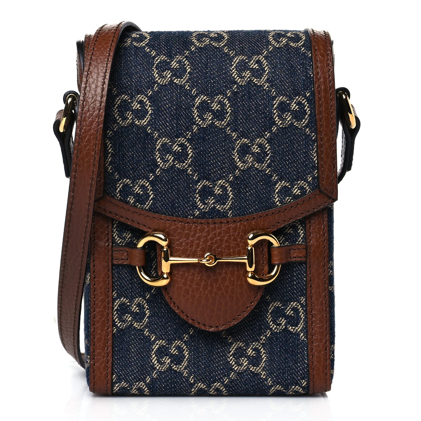 New Denim GG Monogram Dollar Calfskin Mini Horsebit 1955 Crossbody Bag Blue Tea Cuir Epilog
