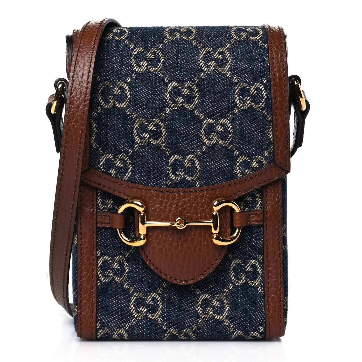 Gucci New Denim GG Monogram Dollar Calfskin Mini Horsebit 1955 Crossbody Bag Blue Tea Cuir Epilog 1 of 10