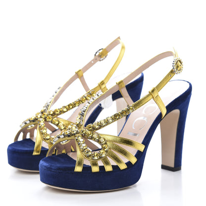 Gucci Velvet Nappa Crystal Zephyra Slingback Platform High Heel Sandals 36.5 Blue Gold 3 of 10