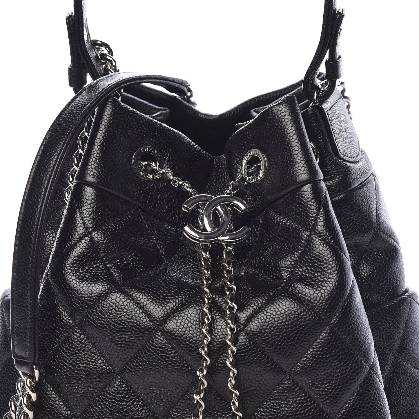 Grained Calfskin Quilted Medium CC Chain Bucket Drawstring Bag Black