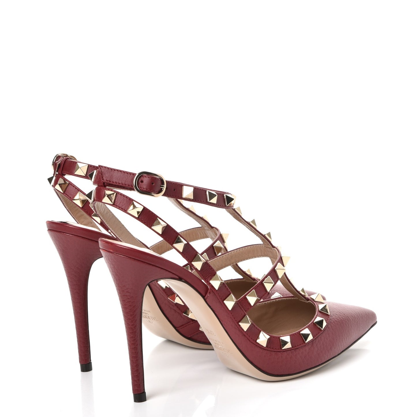 Pebbled Calfskin Rockstud Ankle Strap Pumps 37.5 Rubino