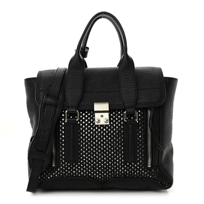 3.1 Phillip Lim PHILLIP LIM 3.1 Textured Calfskin Woven Panel Medium Pashli Satchel Black Silver 1 of 14