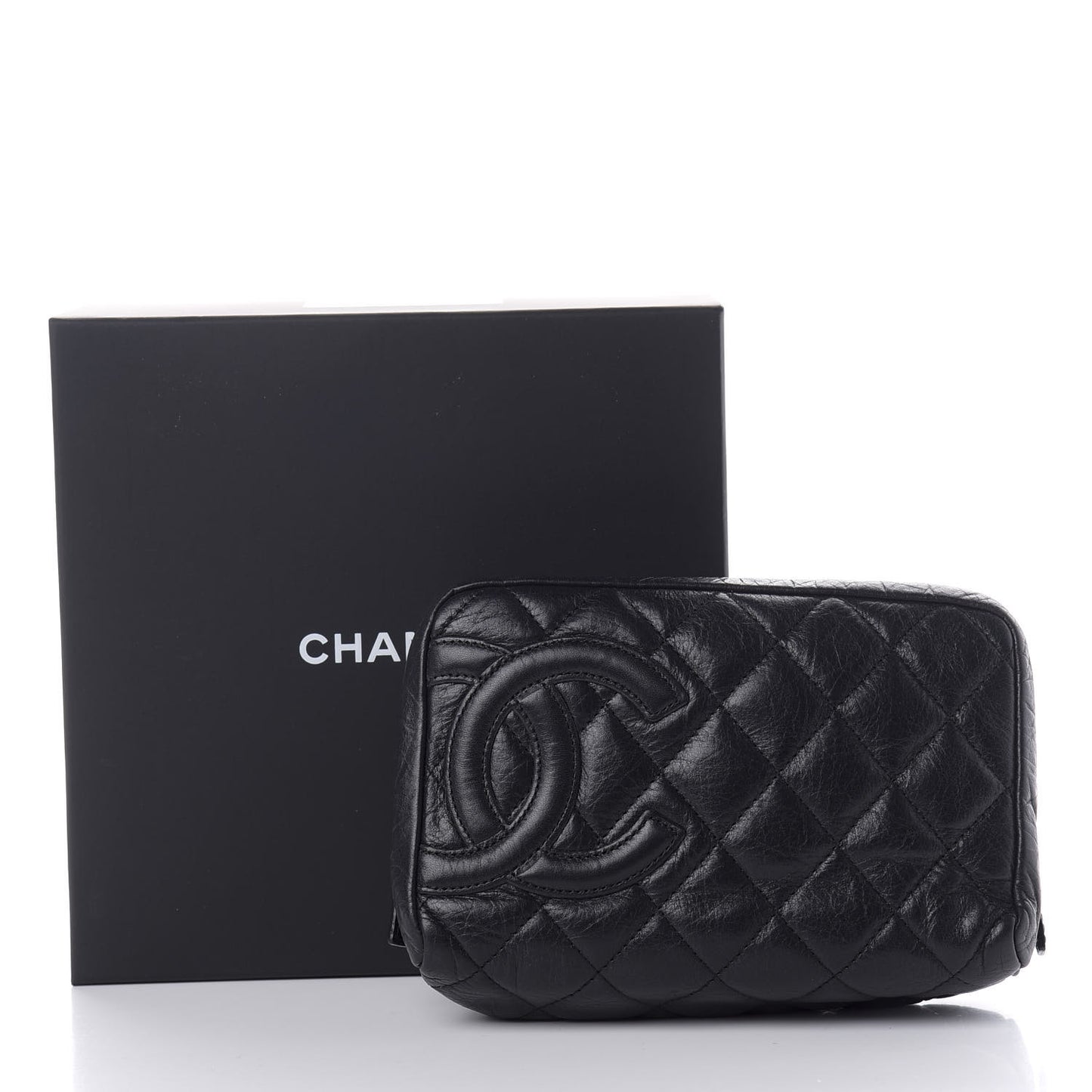 Aged Calfskin Quilted Cambon Cosmetic Case Black