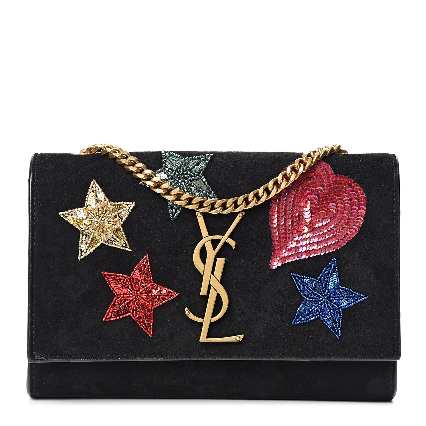 Suede Embroidered Patches Small Monogram Kate Satchel Black