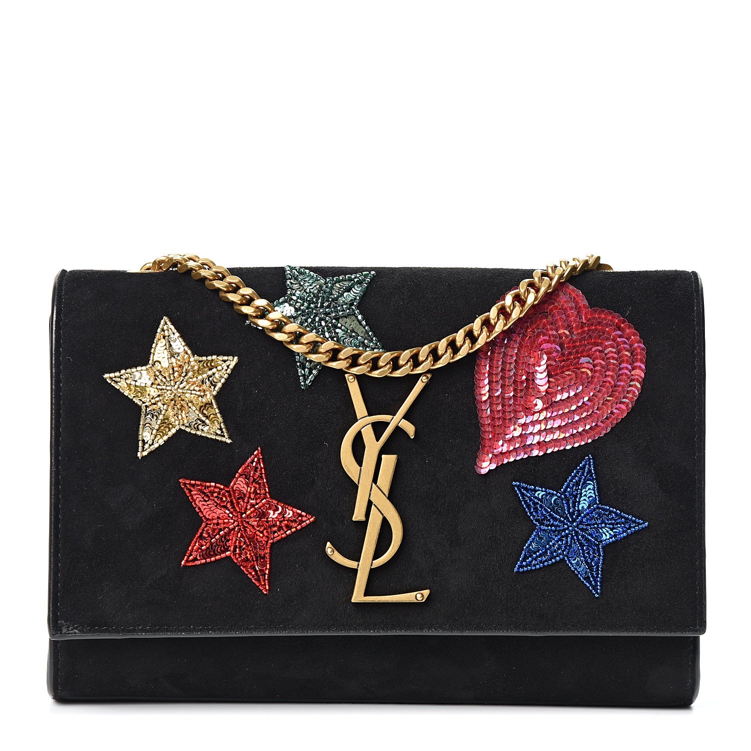 Saint Laurent Suede Embroidered Patches Small Monogram Kate Satchel Black 1 of 9