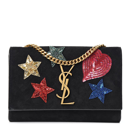 Saint Laurent Suede Embroidered Patches Small Monogram Kate Satchel Black 1 of 9