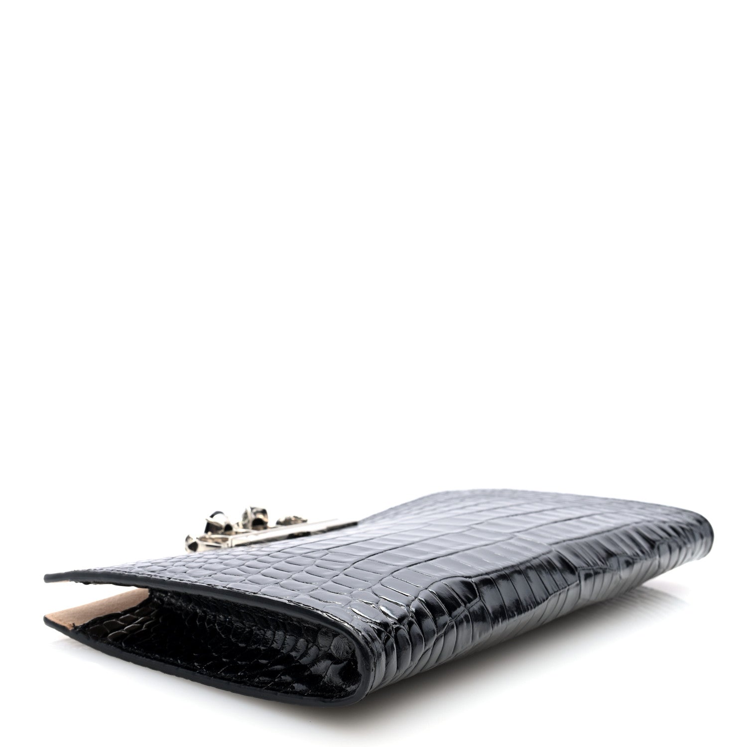 Alexander McQueen Calfskin Crocodile Embossed Knuckle Flat Clutch Black 4 of 7