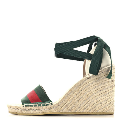 Gucci Canvas Malaga Kid Web Ankle Wrap Espadrille Wedge Sandals 37.5 Green Red Mystic White Emerald 1 of 10