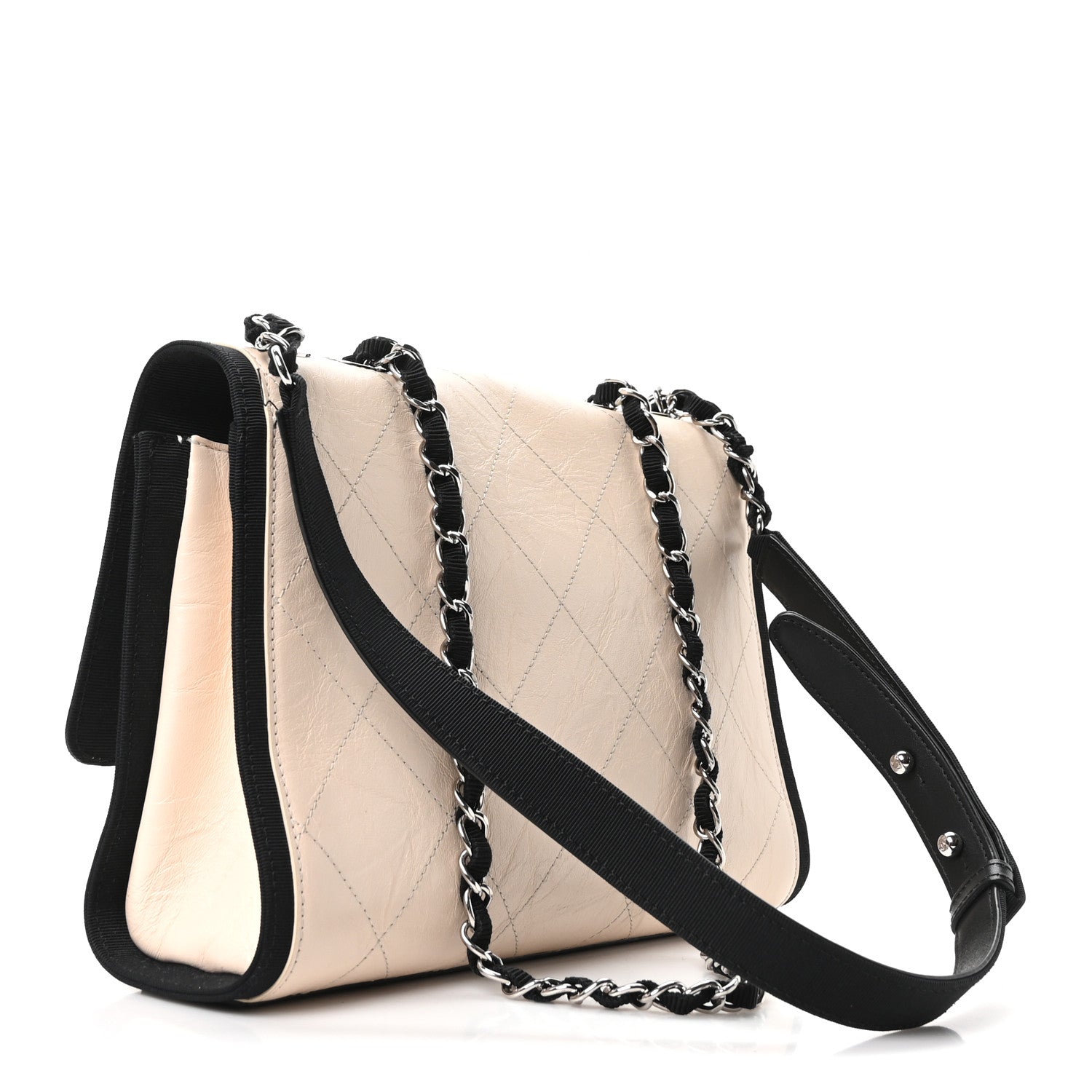 Chanel Aged Calfskin Grosgrain Quilted Chain CC Flap Ivory Black 3 of 10