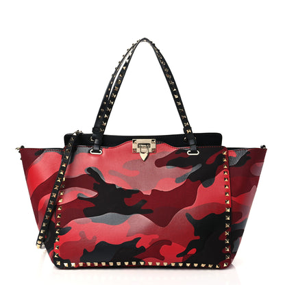 Valentino Garavani Nappa Canvas Camouflage Medium Rockstud Tote Red 1 of 9