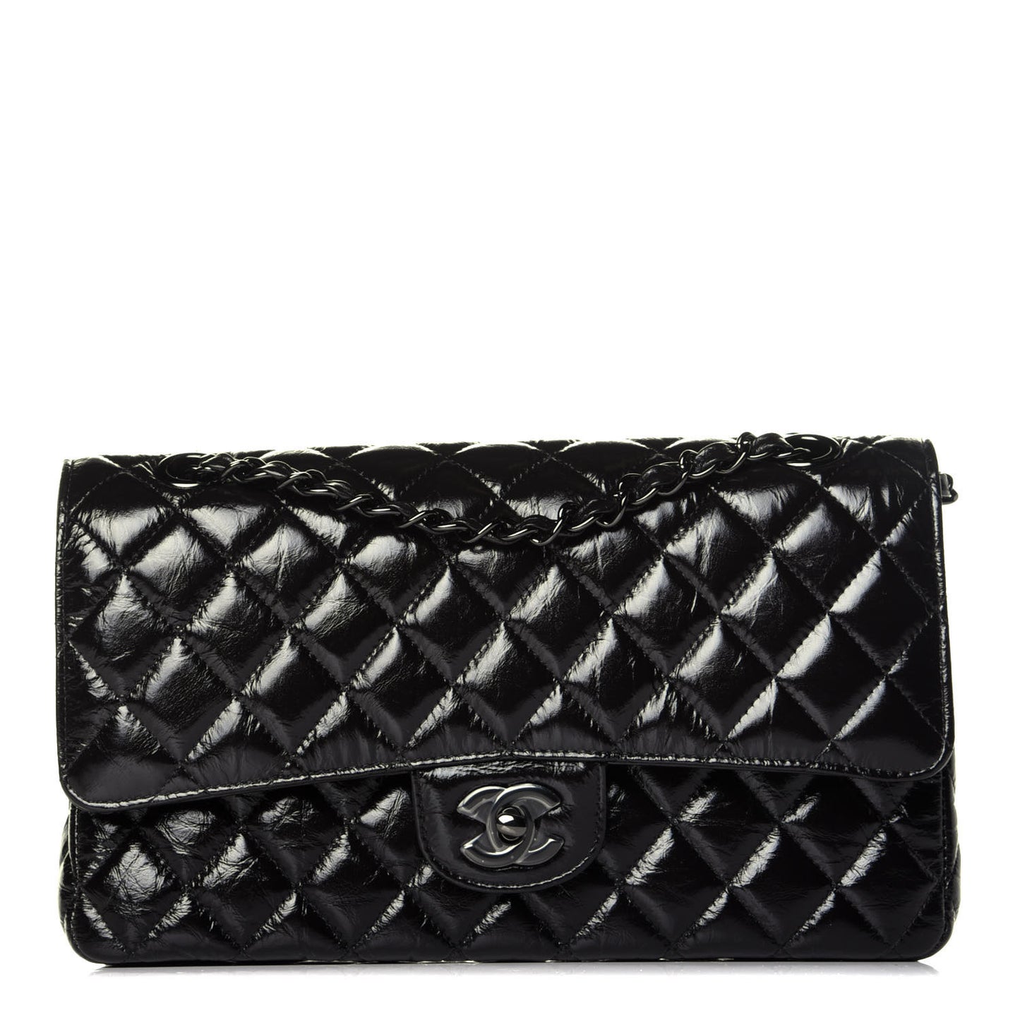 Shiny Crumpled Calfskin Quilted Medium Double Flap So Black
